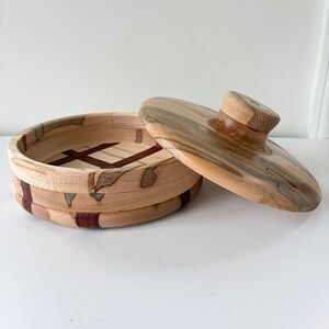 Handmade Segmented Wood Lidded Bowl Lattice Inlay Spalted Maple Trinket Box 9.5"